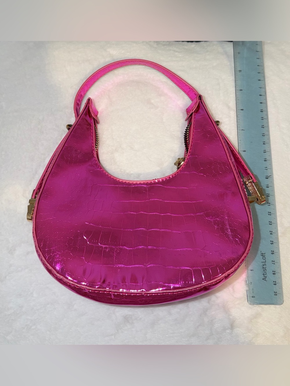 Pink Metallic Croc-Embossed Shoulder Bag